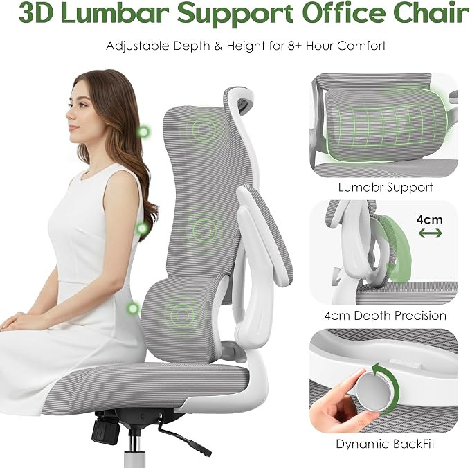 Office Chair Ergonomic Desk Chair - Comfy Mesh High Back Office Chair with Lumbar Support Wheels Home Desk Office Chairs Flip up Armrest Executive Rolling Swivel Task Work Computer Chair Grey - Image 4