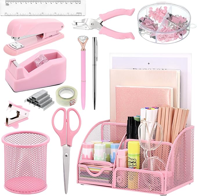 13-in-1 Office Desk Organizer Set for Back to School Supplies Accessories | Organizer Set with Stapler and Tape Dispenser, Pen Holder, Scissors, Ruler, Hole Punch, 2 Pens & More Desk Supplies by SYMDROMIA