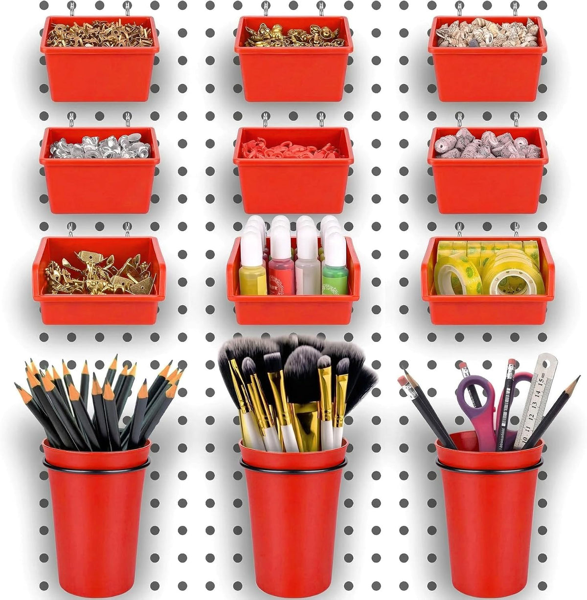 Pegboard Bins Cups with Hooks & Loops 12 Pack Peg Board Organizer (Red) by G.CORE
