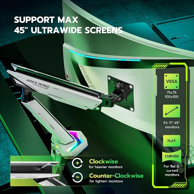 ARES WING RGB Single Monitor Arm Desk Mount for 17-45 inch Monitors, White | Monitor Arm Desk Mount Holds 35.2 lbs Heavy Duty, Adjustable Ultrawide Monitor Arm with Clamp & Grommet Base, 75/100 VESA - Image 4