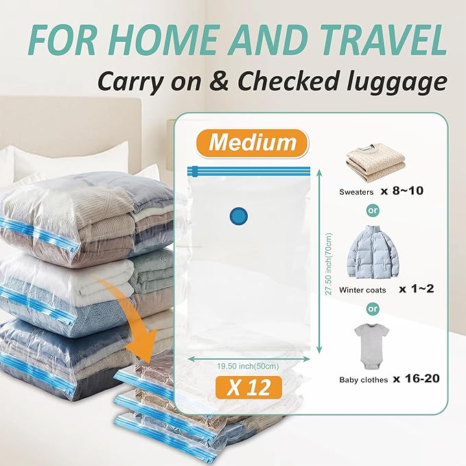 Vacuum Storage Bags with Hand Pump, Vacuum Seal Space Saver Bags,12 Medium | 80% Space-Saving Bags for Clothes, Pillows & Bedding; Double-Zip Airtight Seal; For Luggage, Home & Travel Storage - Image 3
