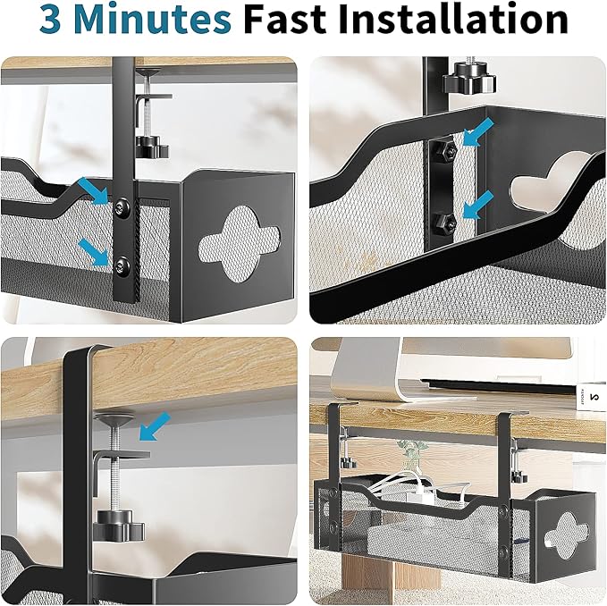 Litwaro Under Desk Cable Management Tray 2 Pack, No Drill, Organizer with Clamp Easy to Install for Standing Cord Organizer, Wire Damage Desk, Black, 13.38''-2 pack - Image 7