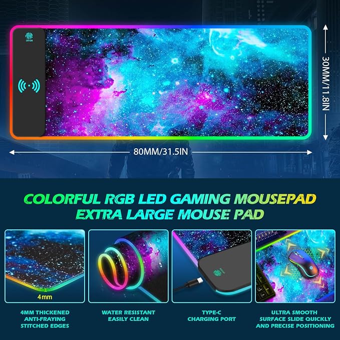 ToLuLu RGB Gaming Wireless Charging Mouse Pad, 5/7.5/10/15W 10 Light Modes | LED Mouse Pad Computer Keyboard Mat Mousepad, 800x300x4MM Extended Large Desk Mat for Gaming, MacBook, Laptop, PC, Galaxy - Image 6