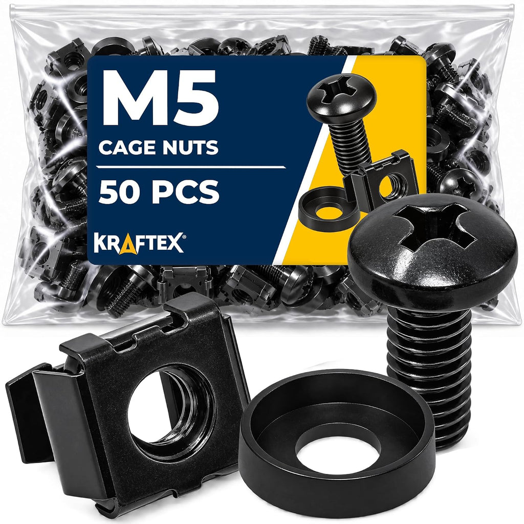 M5 Bolts Cage Nuts, Screws and Washers [Size: M5 x 19mm 50 Pack] Rack Mount Screws Hardware for use with Network and Server Rack Accessories, Routers, Cabinets and Enclosures. by Kraftex
