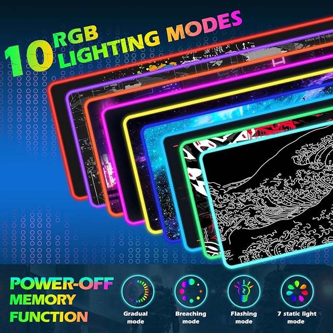 ToLuLu RGB Wireless Charging Gaming Mouse Pad, 7.5/10/15W 10 Light Modes LED Mouse Pad Computer Keyboard Mat Mousepad, 800x300x4MM Extended Large Desk Pad Mat, Japanese Kanagawa Sea Wave Black White - Image 3