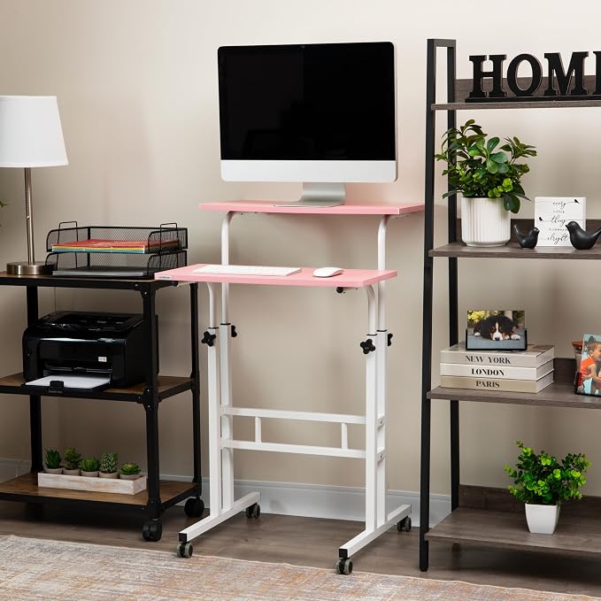 Mind Reader Standing Desk, Adjustable Height Laptop Workstation, Portable Rolling Desk on Wheels, Two-Tier Metal Frame, Pink - Image 2