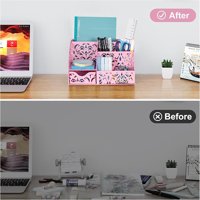 EasyPAG Desk Organizer and Pen Holder for Desk, Mesh Office Supplies Storage Caddy with Drawer for Small Space, Desktop Organizer for Home Office, Pink - Image 4
