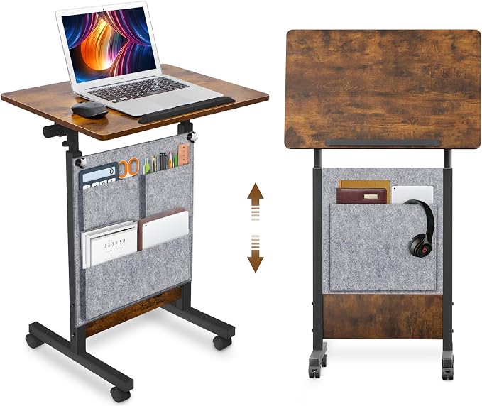 KOUPA Height Adjustable Flip Standing Desk with Wheels and Bag,24Inch | Portable Rolling Mobile Desk , 360° Flip Top, Sturdy Steel Frame, for Home Office, Small Spaces,Height 32"-47" Rustic Brown by WelcometoKOUPA