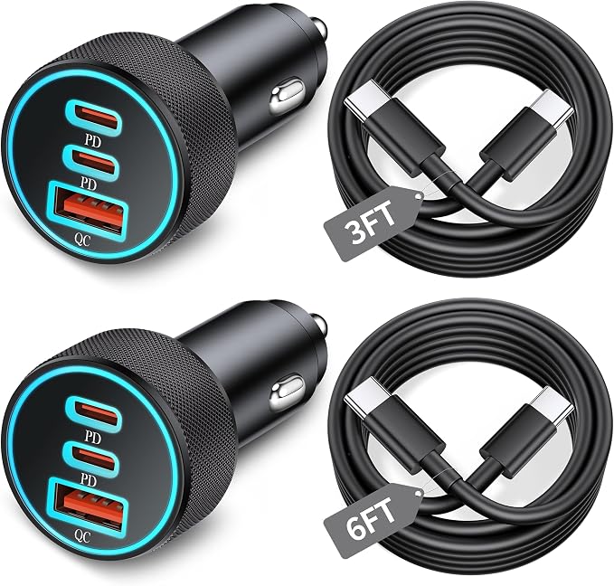 67W 3-Port Super Fast Type C Car Charger USB C for Samsung S26 S25 S24 S23 | iPhone 17/16/15 Pro Max, Android, Cigarette Lighter USB Charger Car Phone Adapter Accessories + 3FT/6FT USB-C Cable, 2 Pack by KENHAO