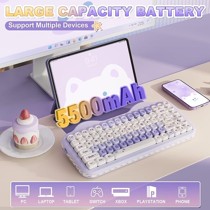YUNZII C75 Cute 75% Wireless Mechanical Keyboard (Purple, Milk V2 Switch) | Creamy Cake Keyboard, BT5.0/2.4G/USB-C, Hot-Swap, NKRO, PBT MOA Keycaps,5500mAh RGB Gasket Mount for Mac/Win/Gaming/Office - Image 6