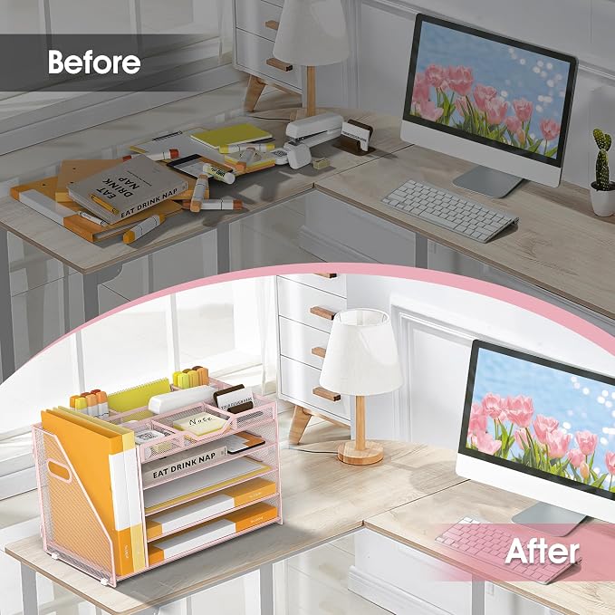 5 Tier Paper Letter Tray Desk Organizer with Pen Holders - Pink | Features 3 pen holders and 4 removable dividers.Versatile mesh desktop storage for mail, document,office supplie - Image 5
