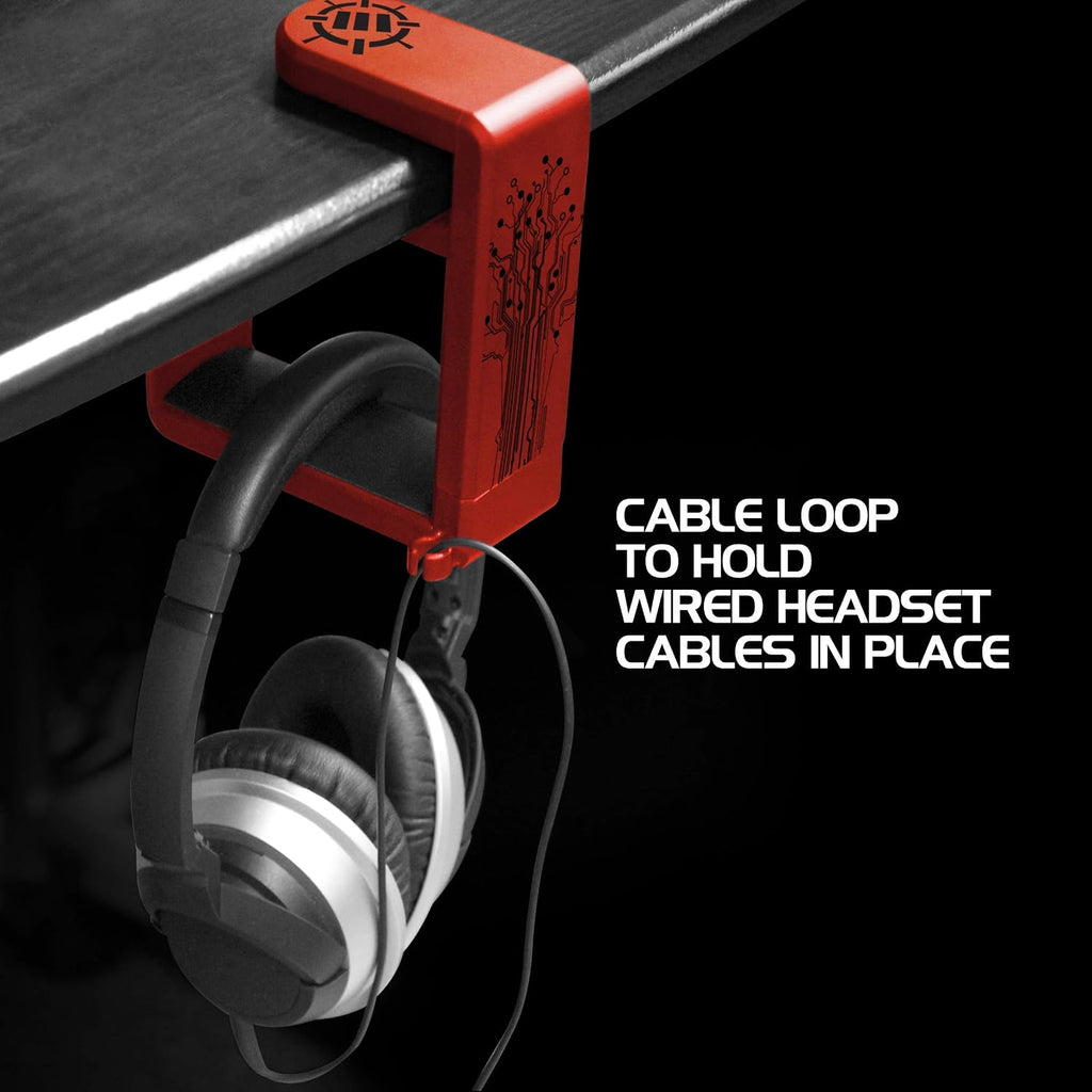 ENHANCE PC Gaming Headphone Holder - Desk Headphone Hanger Esports Headset Holder with Adjustable 360 Rotation, Under Desk Hook Clamp, Universal Fit - Built in Cable Clip Organizer - Red - Image 6