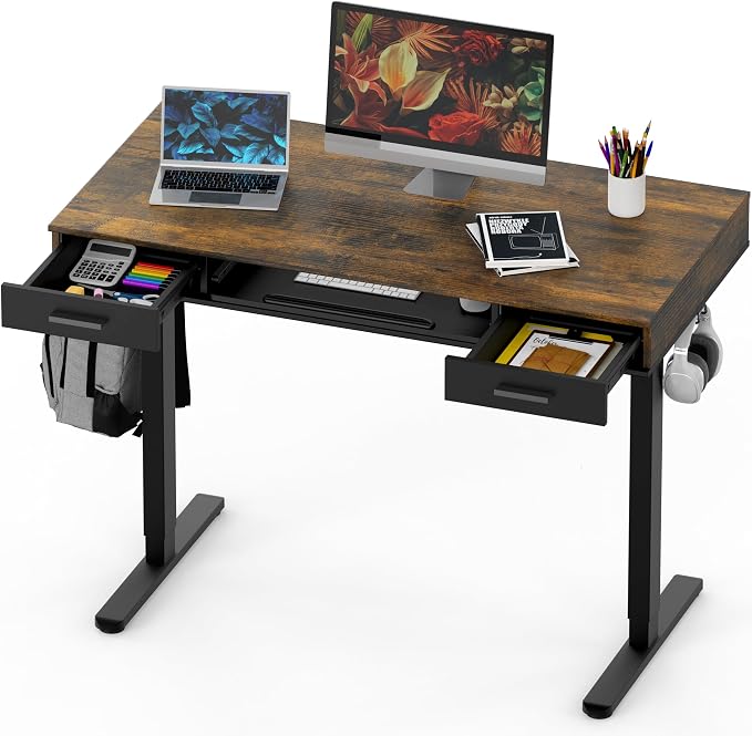 SHW 48-Inch Electric Height Adjustable Desk w/Keyboard Tray, Rustic Brown | w/ 2 Drawers | Memory Presets and Cable Management | Hanging Hooks - Image 8