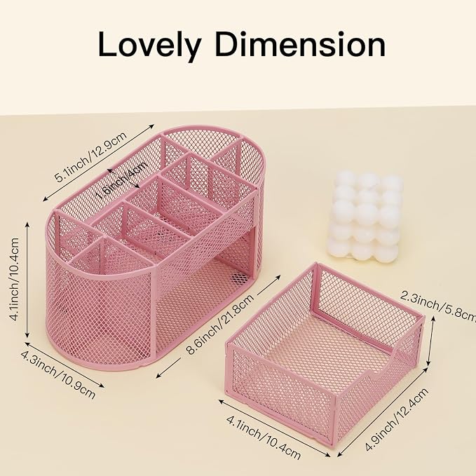 EOOUT Pink Desk Organizer Mesh Pencil Holder 8 Compartments 1 Drawer | Pink Desk Accessories, 8 Compartments, Pull-Out Drawer, for Pens Pencils Scissors Notes, School and Office Supplies - Image 2