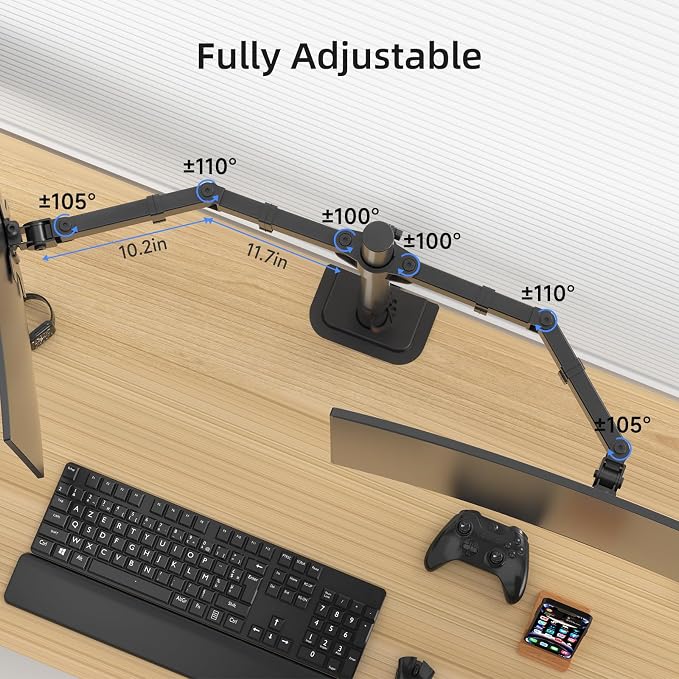 Suptek Dual Monitor Desk Mount, Adjustable Dual Monitor Arm for 2 Monitor Screens up to 43 inch, 15.75" Pole Monitor Stand for Desk, Holds up to 22 lbs, Black(MD9442LB) - Image 6