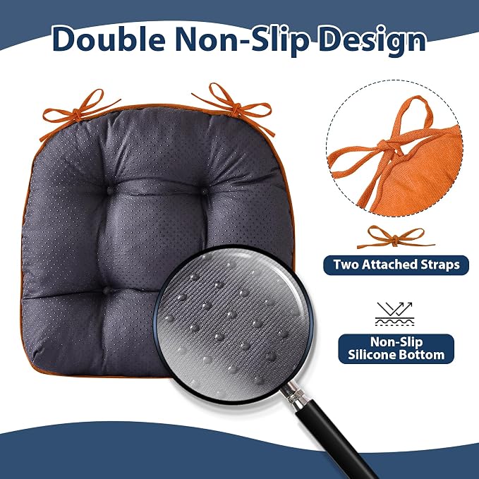 IASEAHK Chair Cushions for Dining Chairs, Seat Cushions for Kitchen Chairs, Indoor Seat Cushions with Ties, Tufted Foam Chair Pads, Non Slip Chair Cushions Set of 6, 15.5" x 15.5" x 4", Orange - Image 4