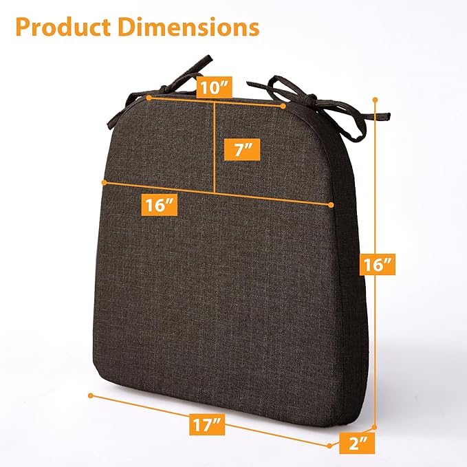 Ruqmuis Chair Cushions for Dining Chairs, 2" Thick Seat Cushions for Kitchen Chairs, D-Shaped Chair Pads with Washable Cover, Ties and Non Slip Backing, 17'' x 16'', Set of 6, Brown - Image 2