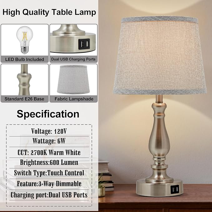EJIAXIN Table Lamps for Bedroom Set of 2,Dimmable Touch Bedside Lamps with Dual USB A+C Ports - Nightstand Lamp for End Table Modern Night Stand Lamps for Living Room Guest Room - Image 6