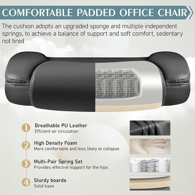 Leather Office Chair, PU Home Computer Desk Chairs with Ergonomic Back Support, 360°Swivel Free，Small Gmaing Chair with Wheels and Adjustable Armrests, for Short People Use, Black - Image 5