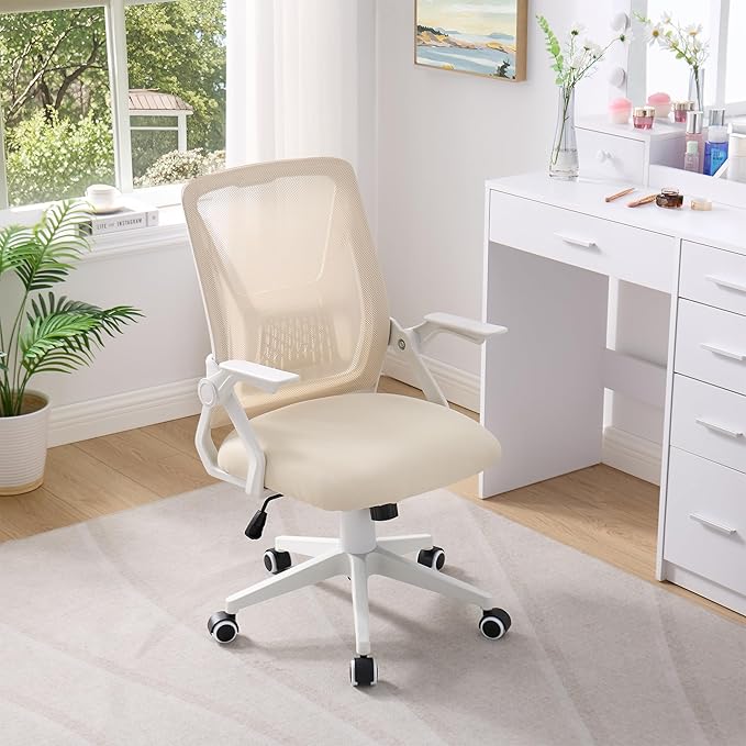 VECELO Mid-Back Swivel Ergonomic Office Chair with Adjustable Arms Mesh Lumbar Support for Computer Task Work, Beige - Image 7