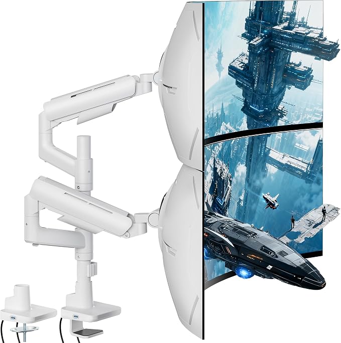 ARES WING Dual Monitor Mount with USB for 17-49 Inch Screen, White | Ultrawide Heavy Duty Computer Monitor Arm Desk Mount for Curved Screen, Gas Spring Adjustable Vesa Stand by ARESWING