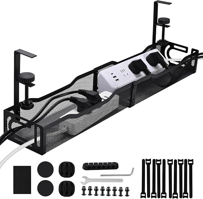 Under Desk Cable Management Tray 25.3 Inch, Clamp-On Cable Organizer Box for Standing Desks, No Drill Cord Management Under Desk, Large Desk Wire Organizer for Office & Home, Black by QUELIEN