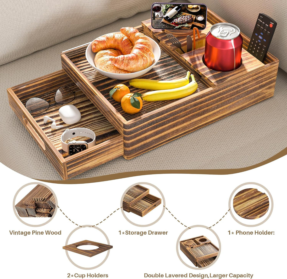 Vintage Wood Couch Holder 7-in-1 Couch Table with Push-Pull - Image 5