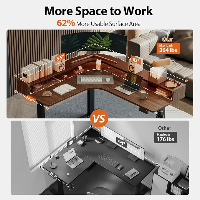 Agilestic L Shaped Standing Desk with Monitor Shelf, 63 Inch, Dark Walnut | Electric Height Adjustable, Dual Monitor Setup, Spacious Corner Desktop, Sturdy Steel Frame, Memory Presets, 264 lbs - Image 7