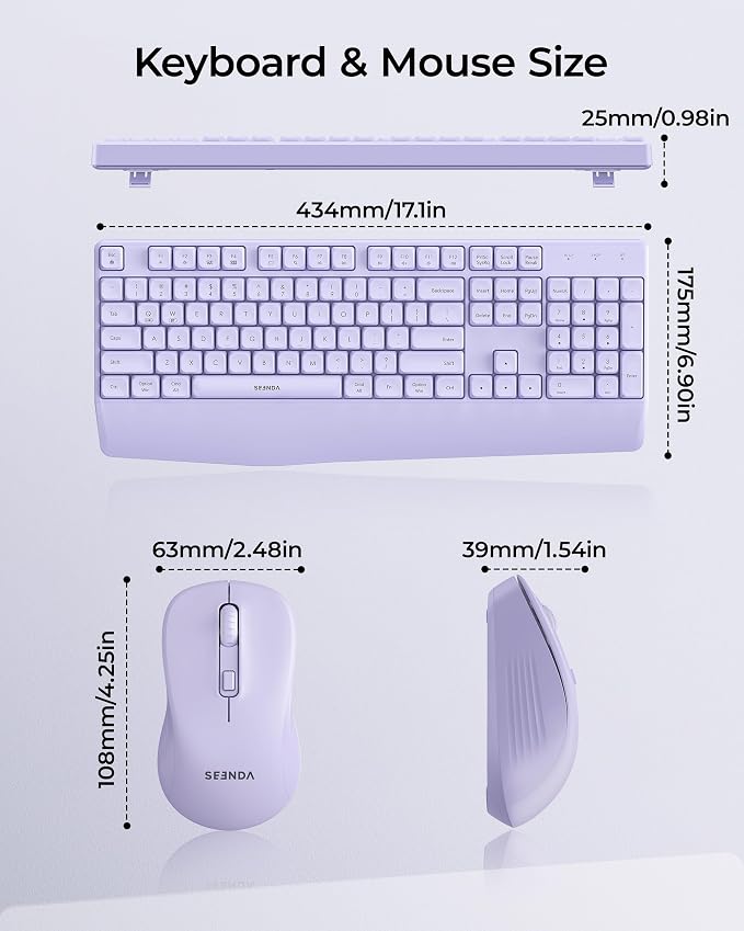 seenda Wireless Bluetooth Ergonomic Keyboard Mouse Combo, Full Size, Purple | USB/Bluetooth multi-device switching, with wrist rest, number pad, and quiet operation for PC, laptop, Mac, MacBook, and iPad - Image 6
