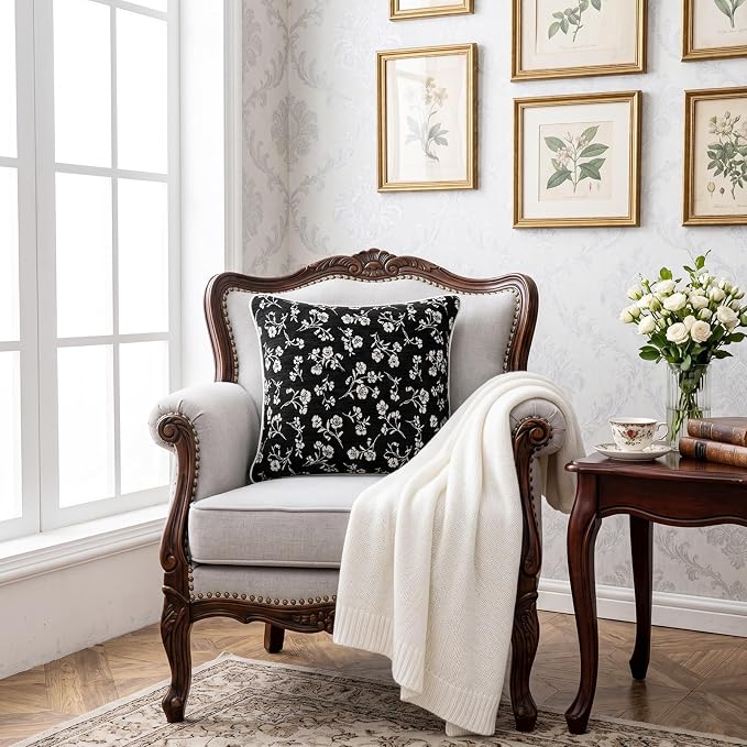 20x20 Chenille Jacquard Throw Pillow Cover, Black Vintage Floral Cushion Case with Piped Edges, Decorative Large Accent for Sofa, Bed & Couch, 2 Pack - Image 6