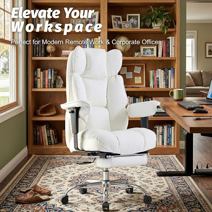 Efomao Executive Office Chair 400lbs,White Big and Tall Desk Chair | Mattress-grade pocket spring cushion, sleek leather, 135° recline & footrest for computer gaming setup. - Image 2