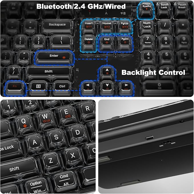 Clear Wireless Keyboard, Tri-Mode Bluetooth/2.4G Rechargeable Keyboard with RGB Backlit, Ergonomic Computer Keyboard with Transparent Keycaps for PC Laptop Desktop Home Office-Black Pearl - Image 7