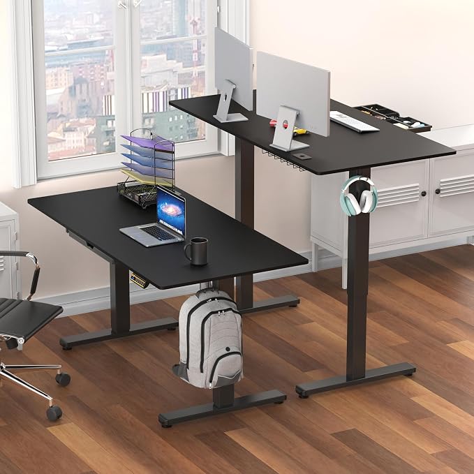 SHW 55 x 28 Electric Height Adjustable Standing Desk w/Drawer, Black | w/ Memory Presets and Cable Management | Drawer with adjustable compartments | Hanging Hooks - Image 2