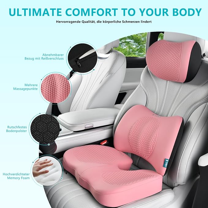 3 PCS Seat Cushion for Carseat Lumbar Support Pillow Car Neck Headrest Pillows Memory Foam Gel Memory Foam Massage Point Seat Pads Pressure Relief Back Cushion for Office Chair(Light Pink) - Image 6