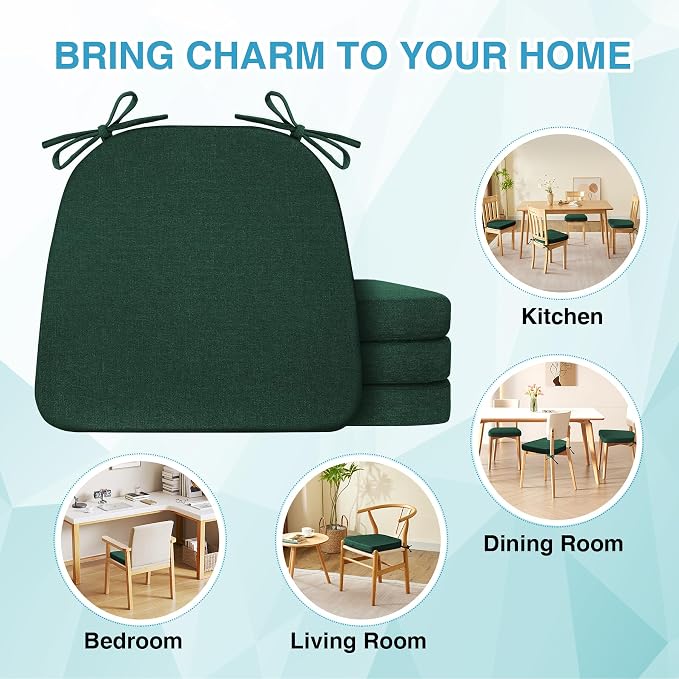 IASEAHK Chair Cushions for Dining Chairs Set of 6, Non Slip Kitchen Chair Pads, 17" x 16" x 2", Indoor Dining Chair Cushions with Ties, D-Shaped Seat Cushions for Kitchen Chairs, Dark Green - Image 7