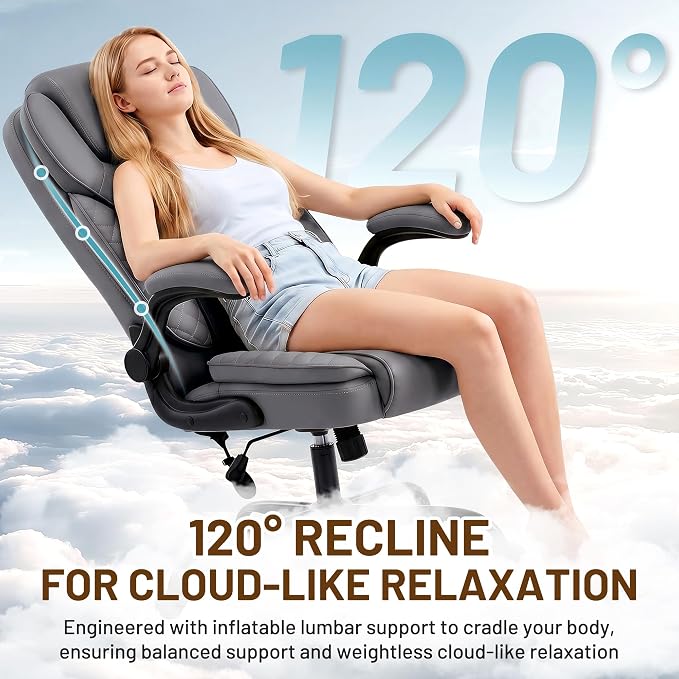 Ergonomic Office Chair, PU Leather High Back Executive Chair with Adjustable Inflatable Lumbar Support and Padded Flip-Up Arms, Recline Swivel Task Computer Chair for Home Office, Gray - Image 10