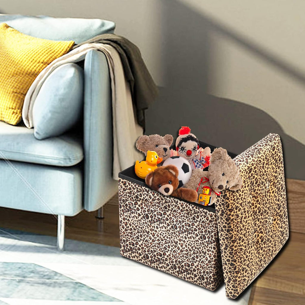 ALASDO Ottoman Storage Ottoman Footrest Stool Foldable Foot Rest Footstool Bench for Living Room 17x13x13inches Leopard Print - Image 2