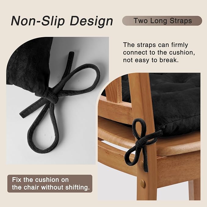 OVOV 6 Pack Chair Cushions for Dining Chairs 15.5"x15.5" Black | Soft-Touch Velvet Fabric for Farmhouse Decor, Fit for Kitchen Dining Office Chairs, Upgrade Chair Comfort, with Durable Ties - Image 3