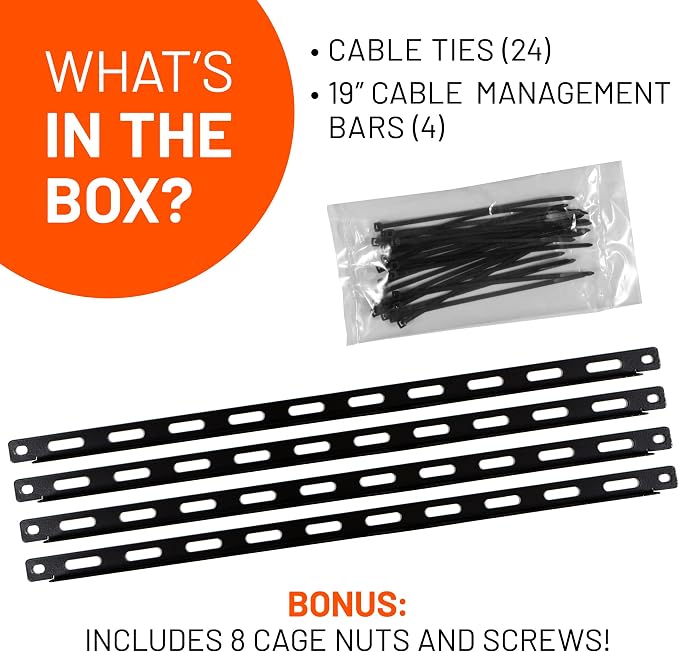 ECHOGEAR Rack Cable Management Tie Bar Kit - Includes 4X 1U Tie Bars, 24 Zip Ties, 8 Cage Nuts, & 8 Screws - Works with 19" Open Frame Racks & Enclosures - Image 6