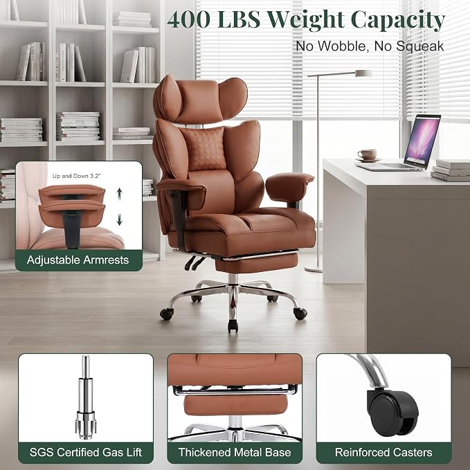 Big and Tall Office Chair 400 LBS, for Adults, Home Office | PU Leather, Executive Ergonomic Desk Chair with Footrest, Lumbar Support, Wide Seat ,Reclining, Adjustable Armrest, Brown - Image 8