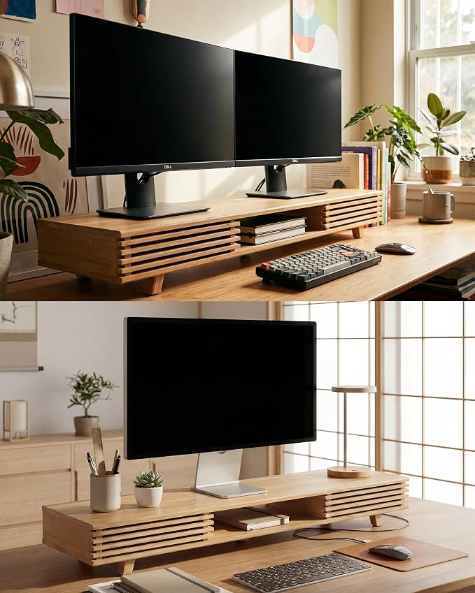 Bamboo 42” Dual Monitor Stand with Sliding Doors Desk Shelf | Ergonomic Relief Easy Assembly Solid Construction Cozy Workplace Computer Setup Desk Organizer High Load-bearing - Image 8