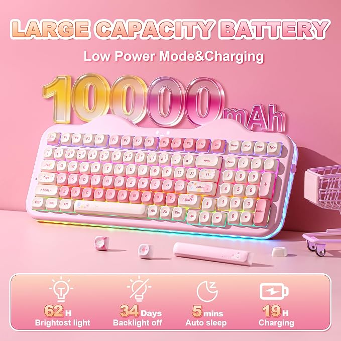 YUNZII C98 Cute Cake Wireless Mechanical Keyboard(Pink, Candy Switch) | 99 Keys with Number Pad, Hot Swap, PBT MOA Keycaps, BT5.0/2.4G/USB-C, Gasket Mount, Custom RGB Backlit for Win/Mac - Image 6