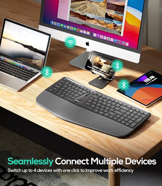 Nulea RT07B Wireless Ergonomic Keyboard - Split Keyboard, Wrist Rest, Natural Typing, Bluetooth and USB Connectivity, USB-C Rechargeable,Compatible with Windows Mac (Silver White) - Image 3