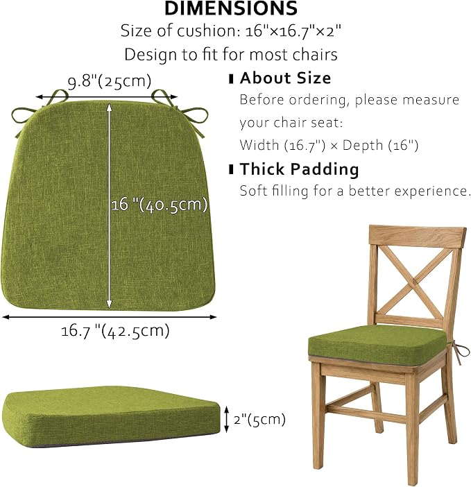 ELFJOY Non-Slip Chair Cushions for Dining Chairs Green 16.7"x16" | 4 Pack, with Ties and Washable Cover, U Shape, Breathable Fabric, for Kitchen Dining Office Folding Chairs，Comfortable - Image 2
