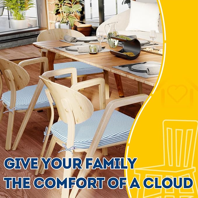 AAAAAcessories D-Shaped Chair Cushions, 2" Thick Dining Chair Pads with Ties and Removable, Machine-Washable Cover, 17" x 16", Set of 6, Pinstripe Blue - Image 6