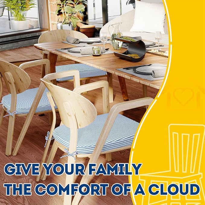 AAAAAcessories D-Shaped Chair Cushions, 2" Thick Dining Chair Pads with Ties and Removable, Machine-Washable Cover, 17" x 16", Set of 4, Pinstripe Blue - Image 6
