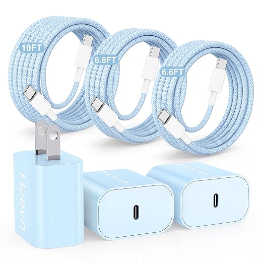 20W USB C Fast Charging for iPhone 17 Air/16/15 Pro Max,3Pack Colorful Mixed Charger Block with Braided Long USB C to C Cables (6/6/10ft) Compatible with iPhone16/15 Pro/15 Plus/iPad Pro by Hzevn