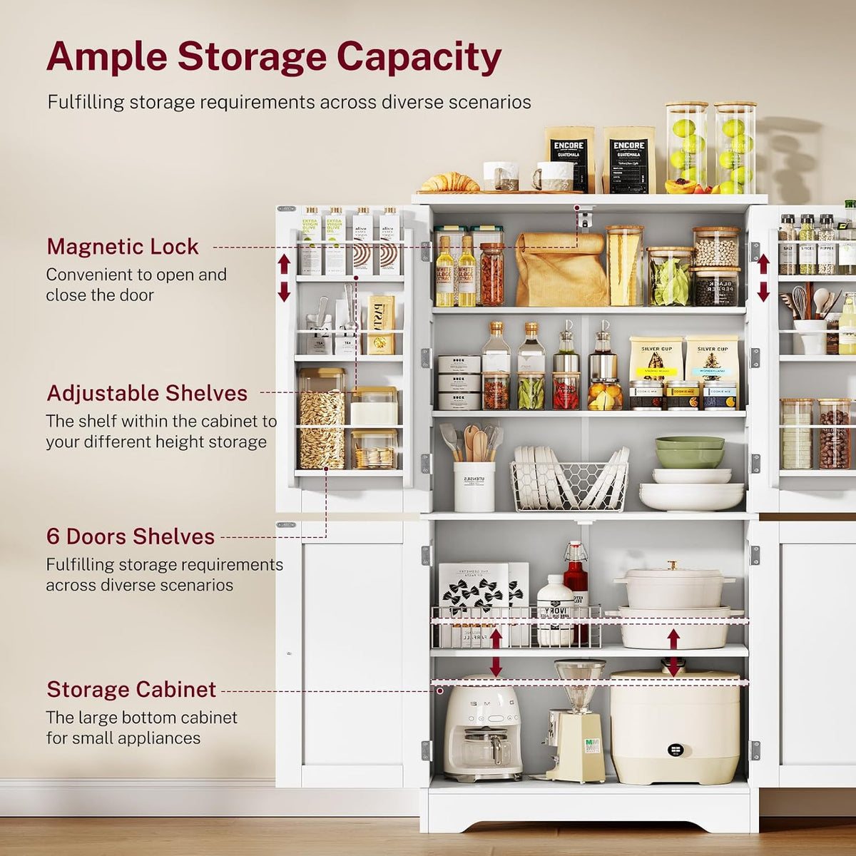 Pantry Cabinet with 4 Doors, Kitchen Pantry Cabinet with Door Shelves, Kitchen Storage Cabinets for Living Room, Dining Room, Bathroom, 51”H, White - Image 4