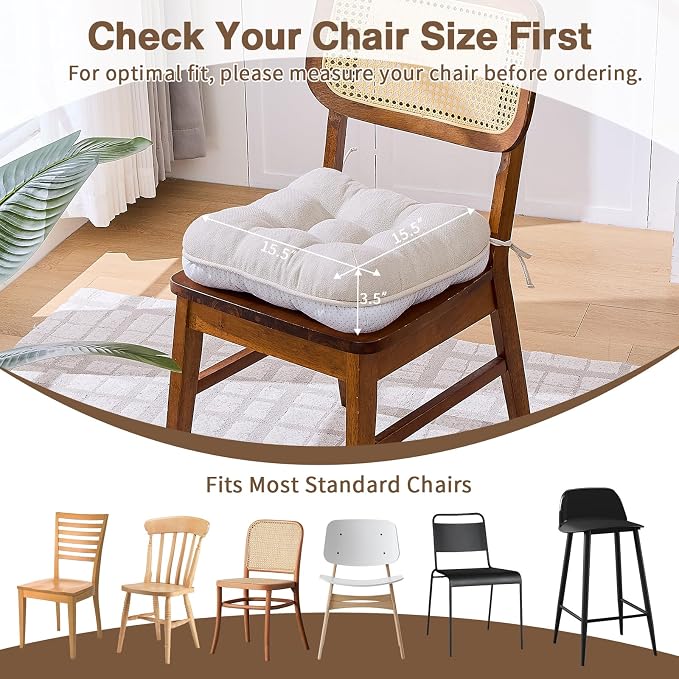 BETU Chair Cushions for Dining Chairs Set of 4,3.5" Thick Kitchen Table Chair Pads with Ties,Non Slip Backing and Covers, Seat Cushion for Dining Room,Bar,Patio Chairs,15.5"X15.5"X3.5",Beige - Image 7