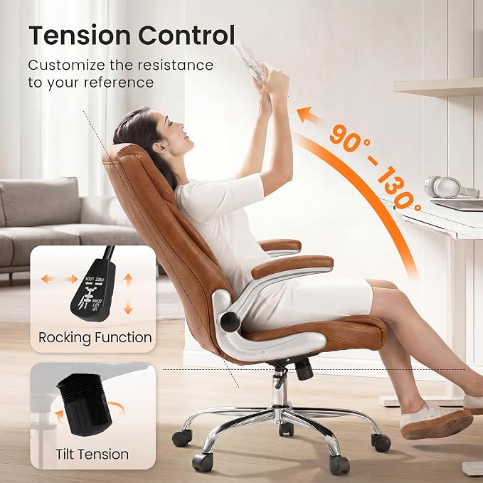NEO CHAIR Executive Leather Chair, Ergonomic Office Chair, Lumbar Support | Brown Ergonomic Office Chair with High Back, Flip-Up Arms and Wide Seat, Comfortable Gaming Chair with Wheels for Back Pain - Image 5